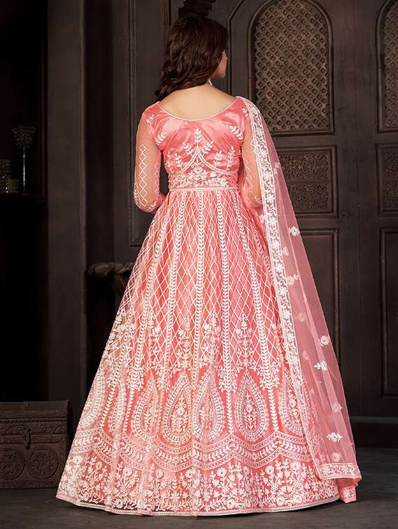 women solid with work round neck semi-stitched gown - 22362016 -  Standard Image - 4