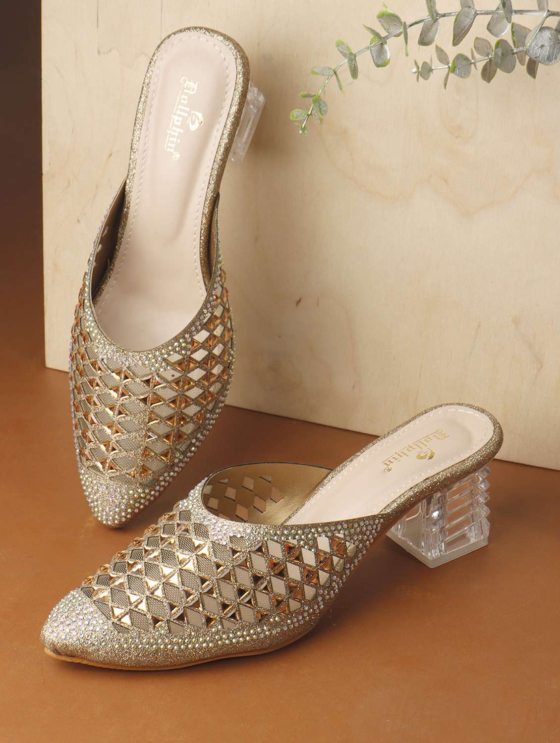 women slip on block heel mules