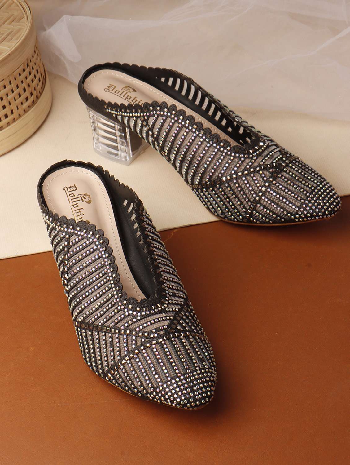 women slip on block heel mules