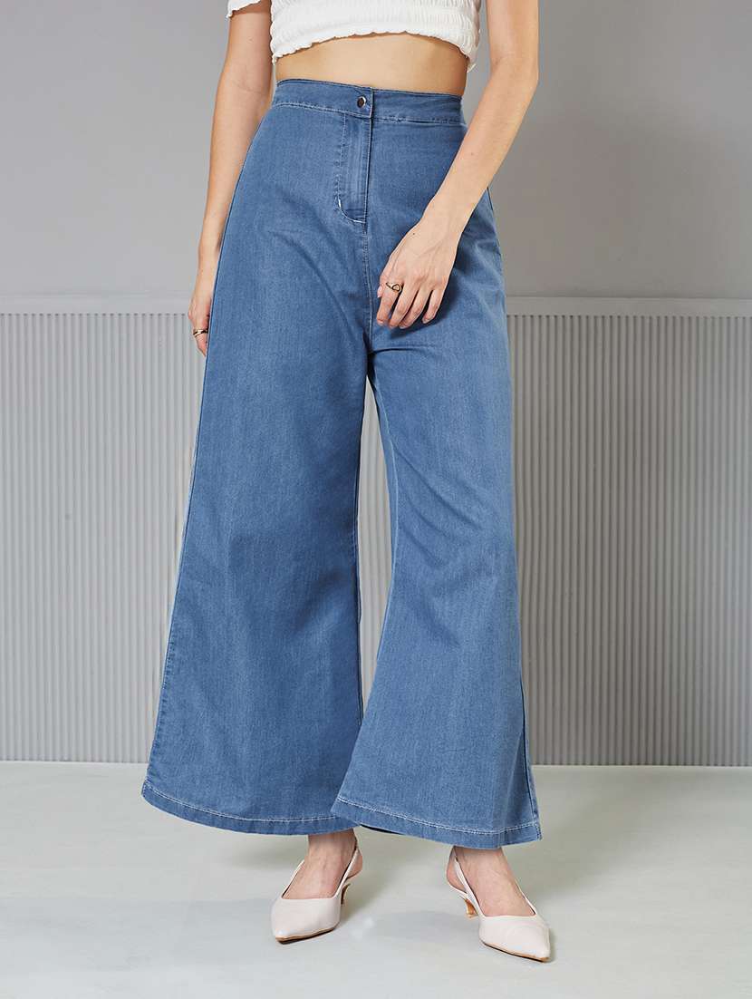 women solid high rise wide leg jeans