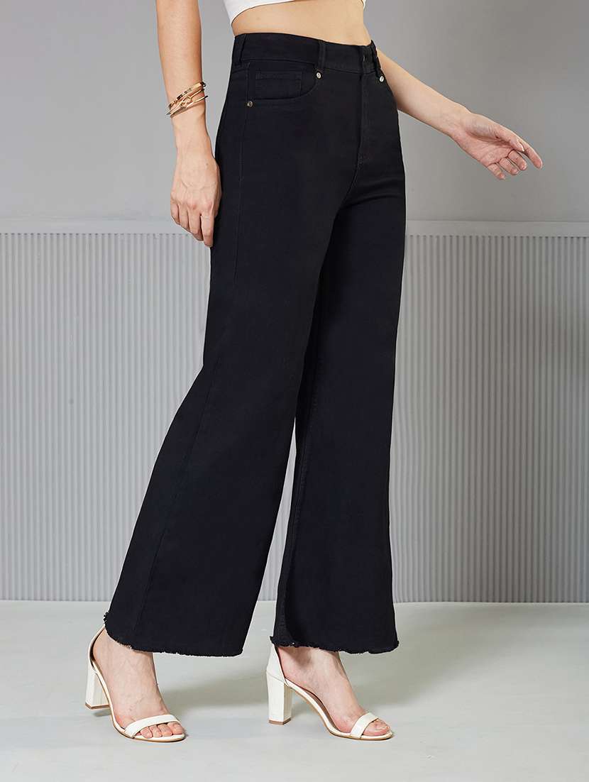 women solid high rise wide leg jeans