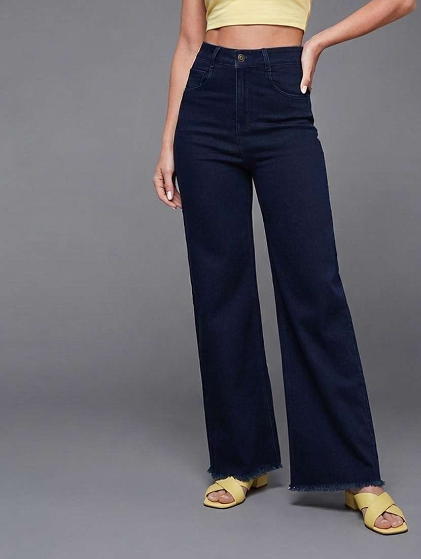 women solid high rise wide leg jeans