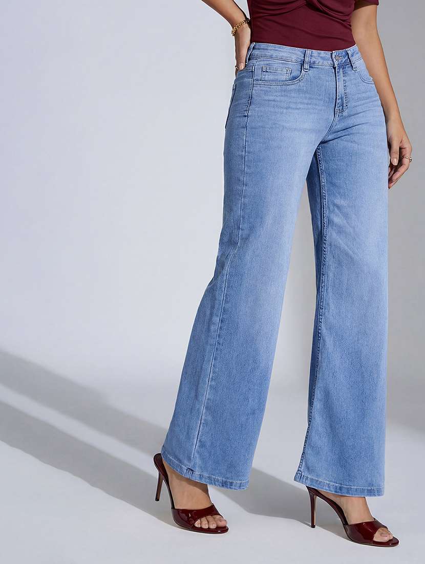 women solid high rise wide leg jeans