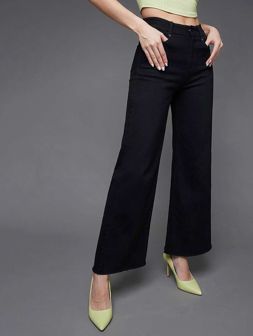 women solid high rise wide leg jeans