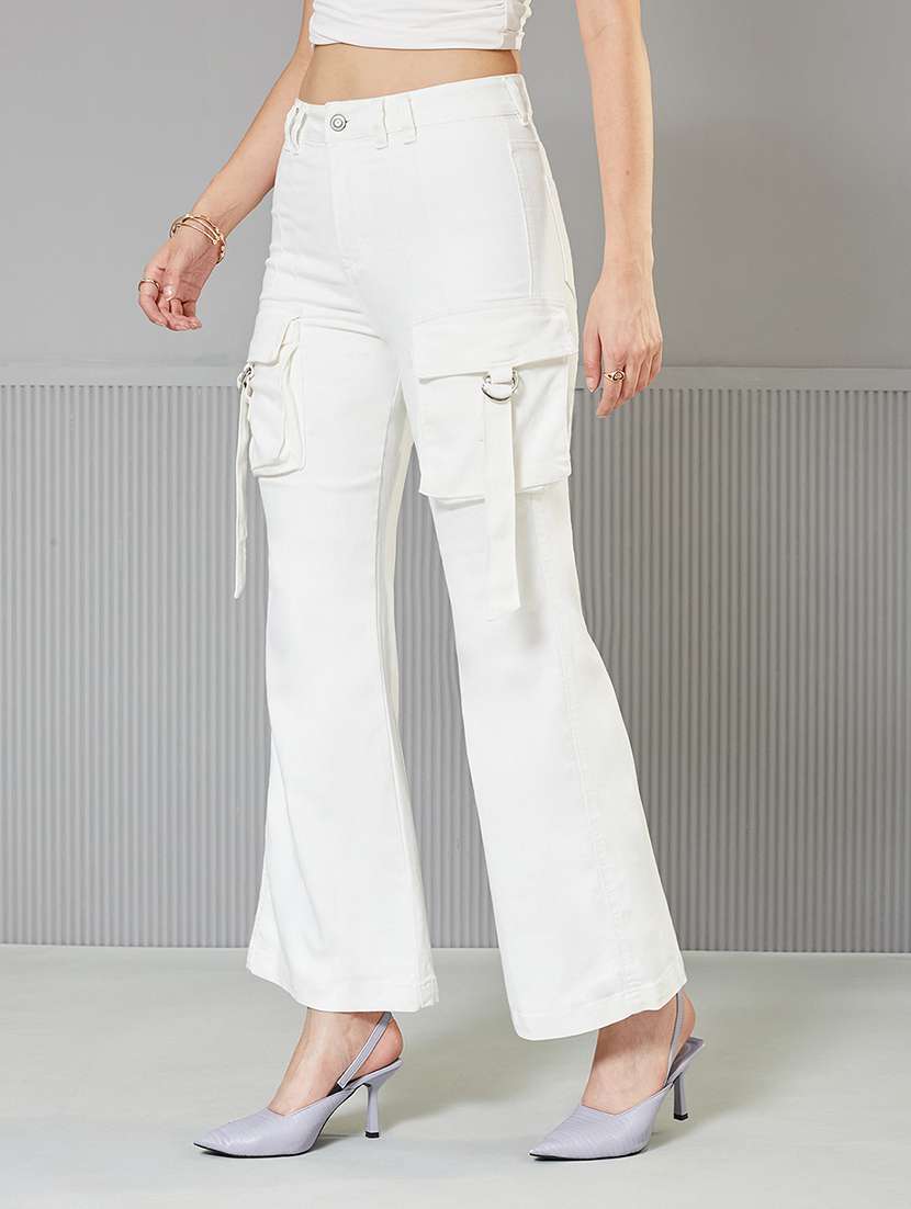 women solid high rise denim cargo