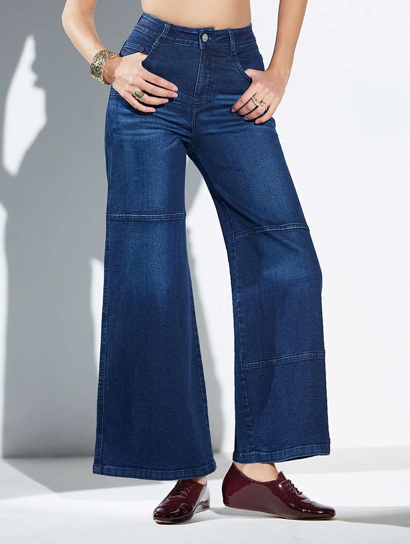 women solid high rise wide leg jeans