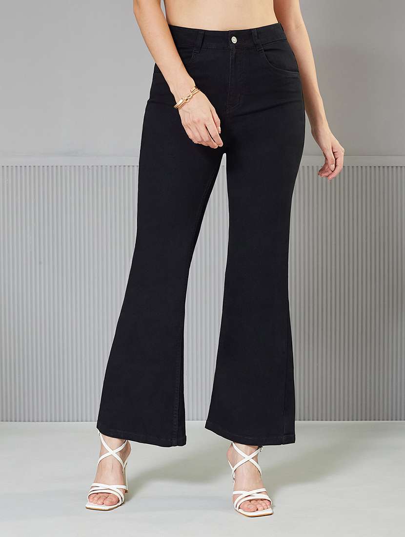 women solid high rise bootcut jeans