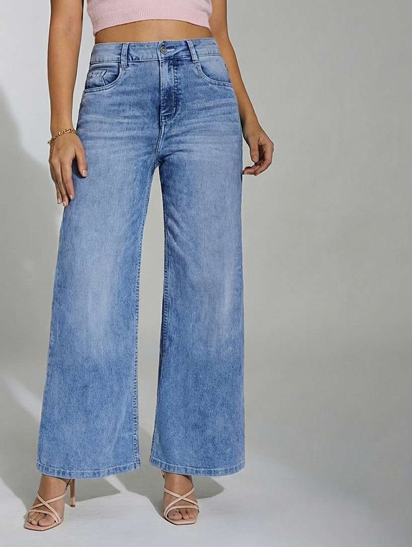 women solid high rise wide leg jeans