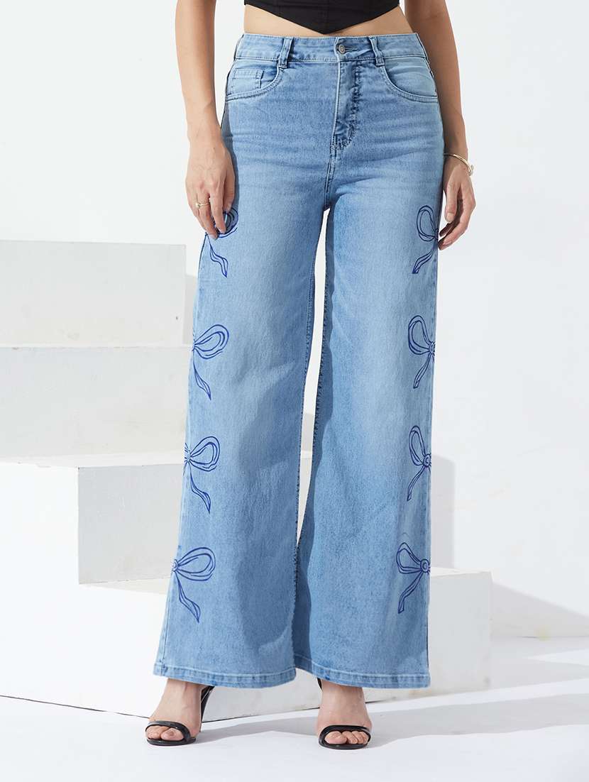 women printed high rise wide leg jeans