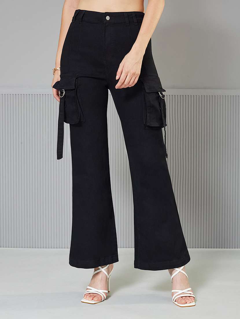 women solid high rise denim cargo