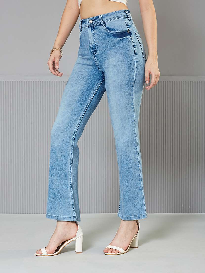 women solid high rise bootcut jeans