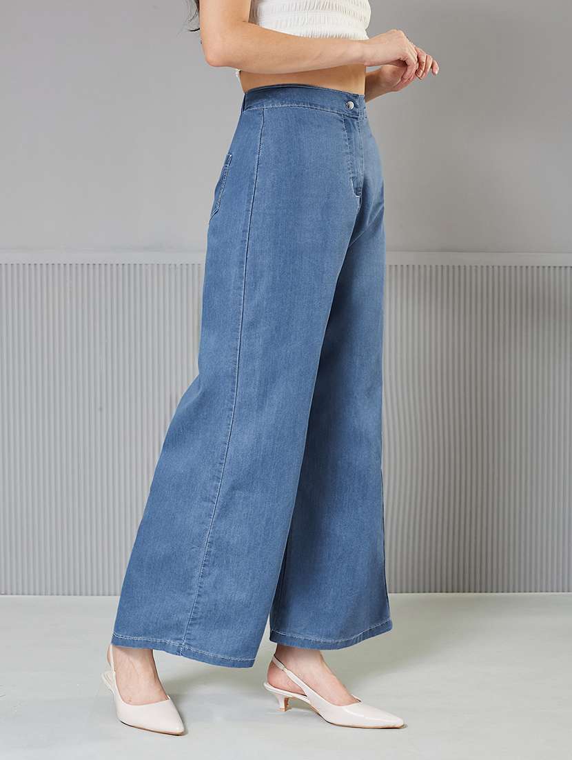women solid high rise wide leg jeans