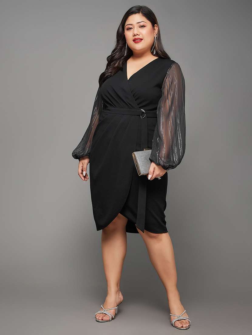 women plus size solid puff sleeve wrap dress