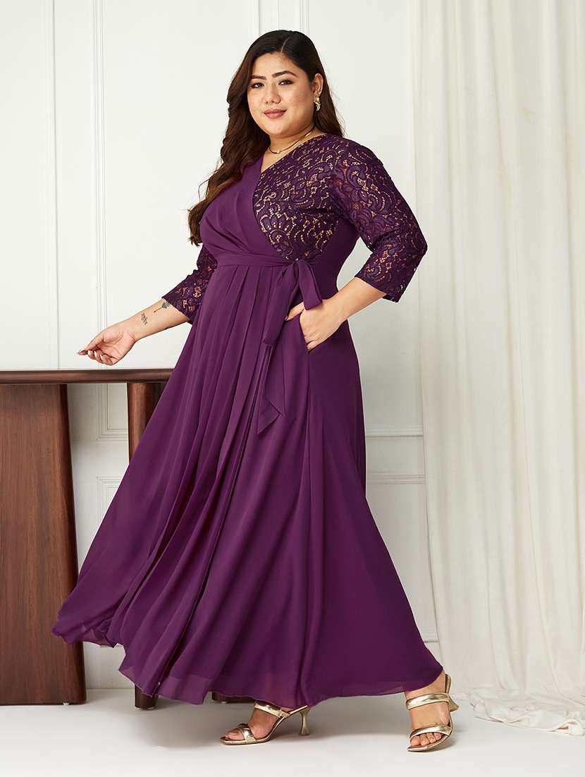 women plus size solid long sleeve lace wrap dress - 22362473 -  Standard Image - 1
