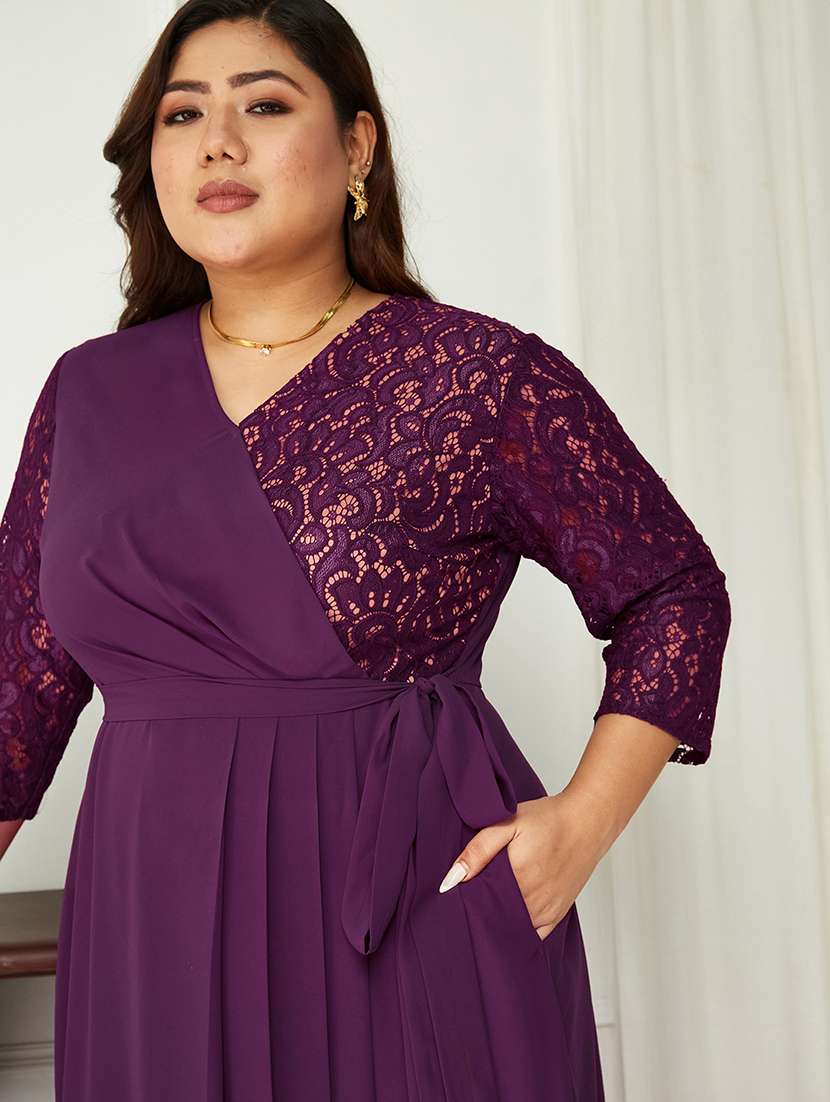women plus size solid long sleeve lace wrap dress - 22362473 -  Standard Image - 4