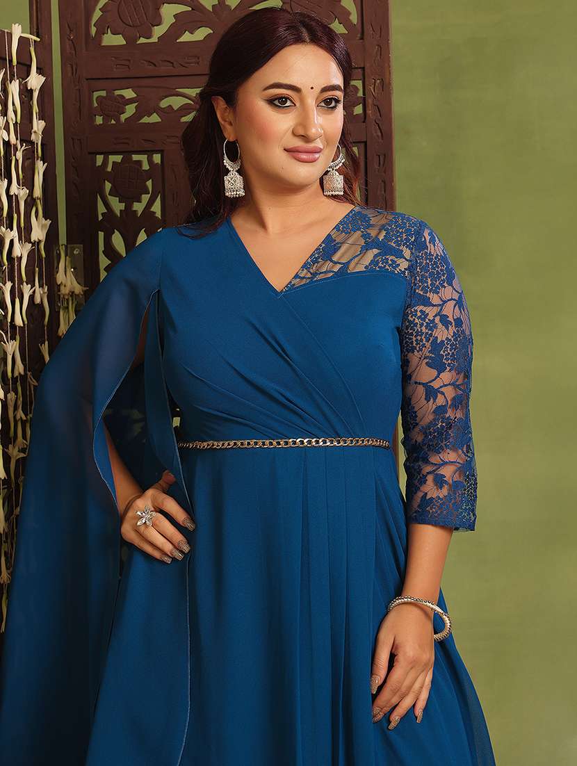 women solid three quarter sleeve lace wrap dress - 22362476 -  Standard Image - 4