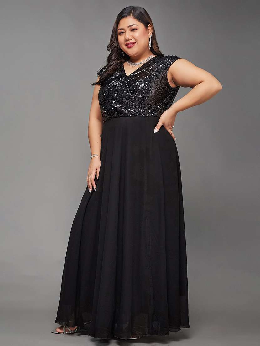women plus size solid sequined fit and flared dress - 22362497 -  Standard Image - 1