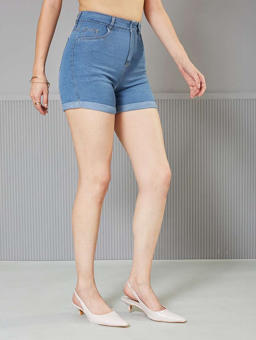 women solid high rise denim shorts - 22362517 -  Standard Image - 1