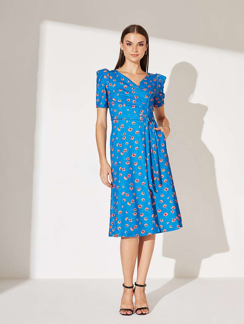 women floral print puff sleeve a-line dress