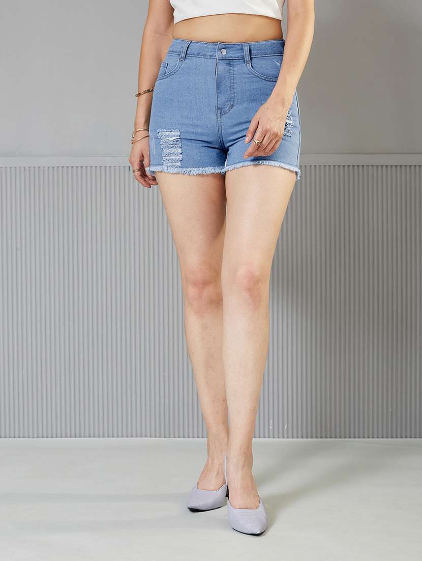 women solid high rise denim shorts