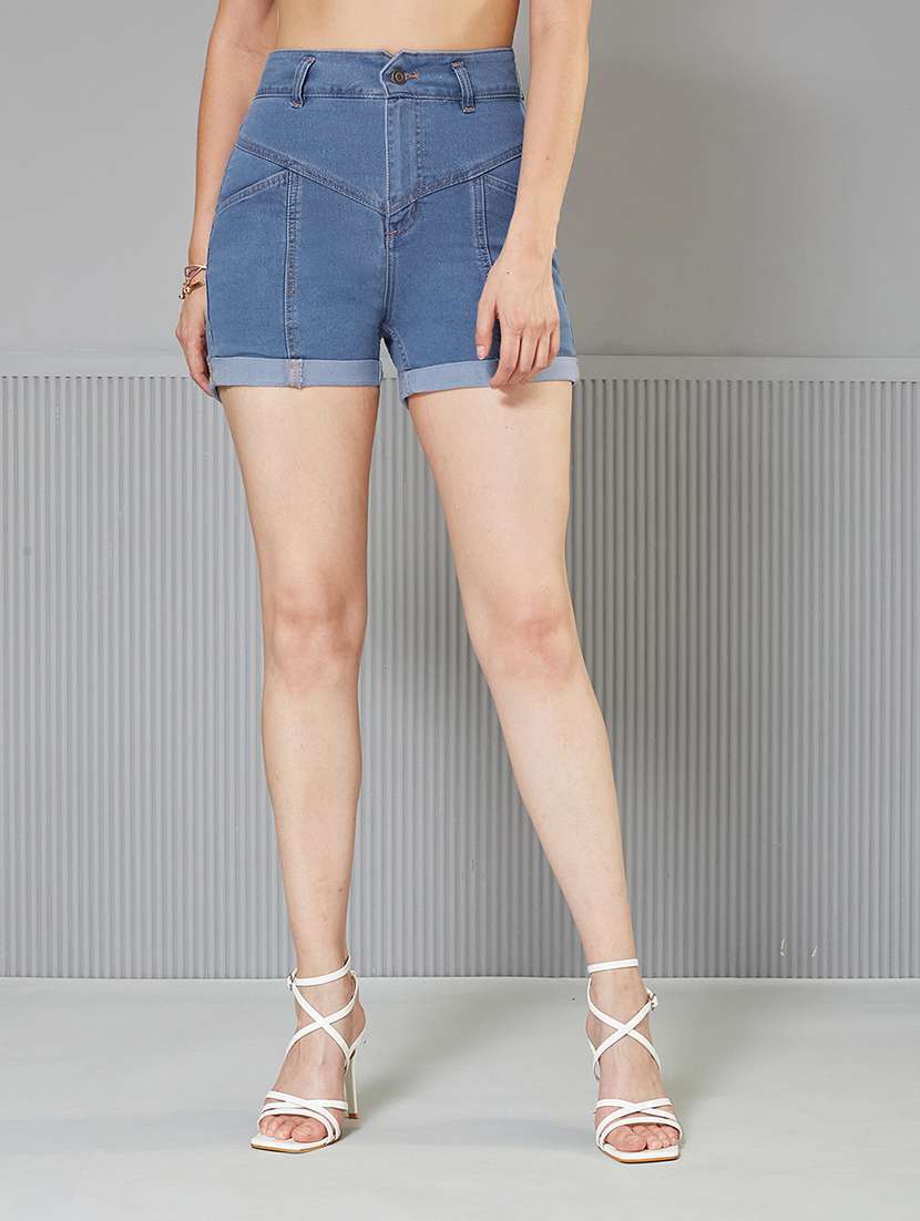 women solid high rise denim shorts