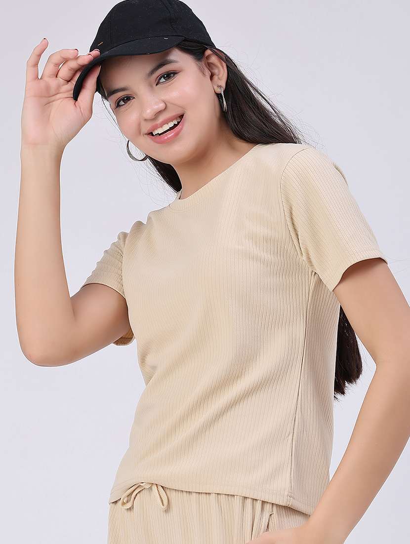 women solid round neck t-shirt and trouser co-ord set - 22363197 -  Standard Image - 1