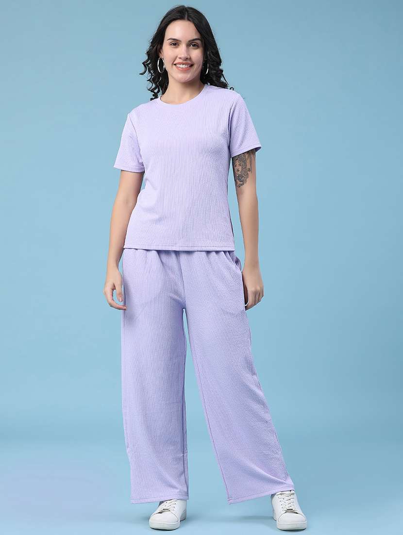 women solid round neck t-shirt and trouser co-ord set - 22363198 -  Standard Image - 1