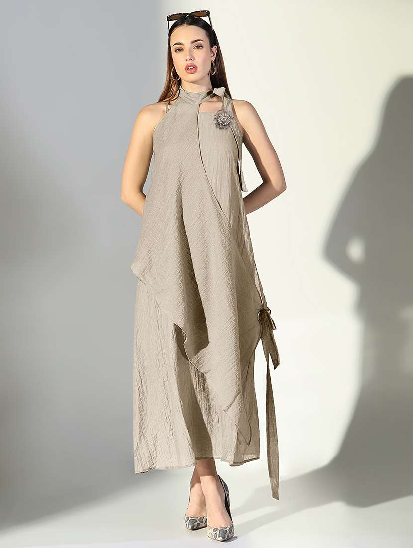 women solid shoulder strap a-line dress with drape over - 22363244 -  Standard Image - 1