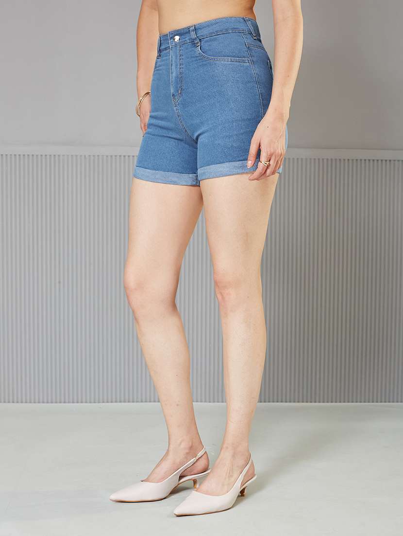 women solid high rise denim shorts - 22363259 -  Standard Image - 1