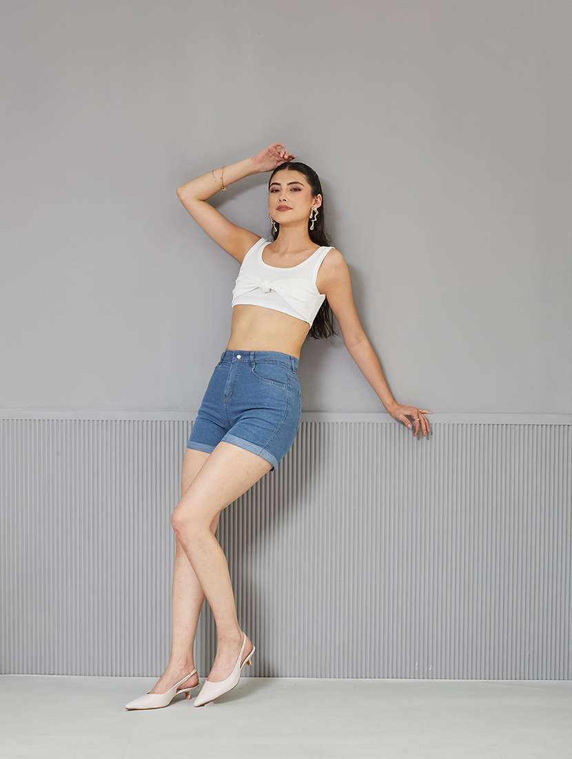 women solid high rise denim shorts - 22363271 -  Standard Image - 4