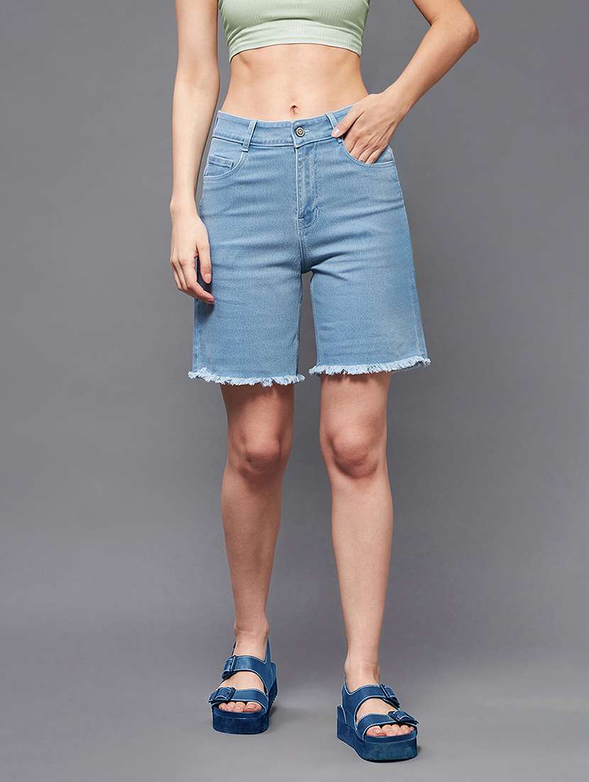 women soild high rise denim bermuda short