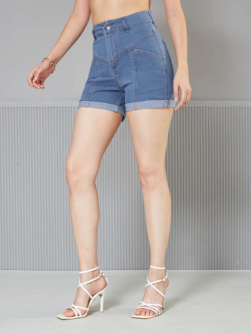 women solid high rise denim shorts - 22363276 -  Standard Image - 1