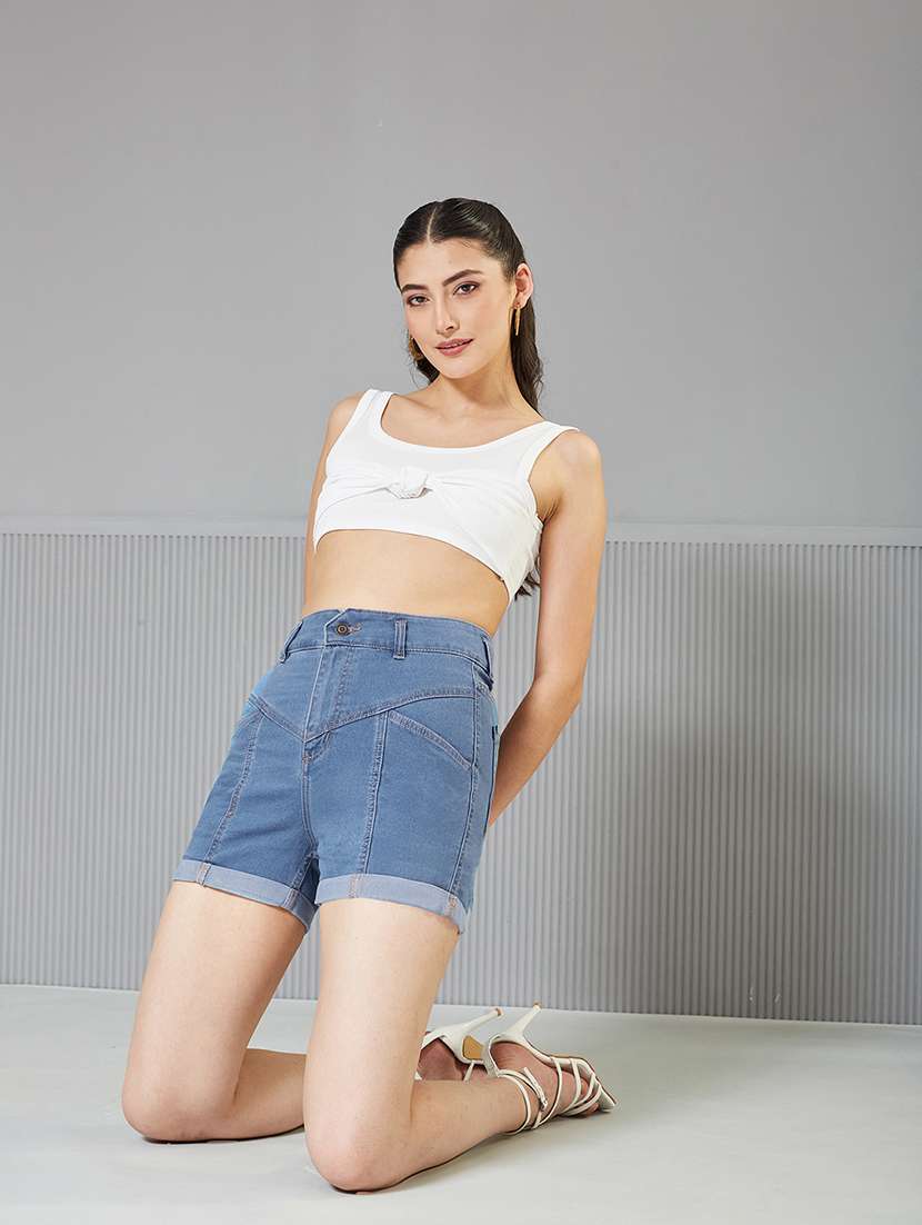 women solid high rise denim shorts - 22363276 -  Standard Image - 4