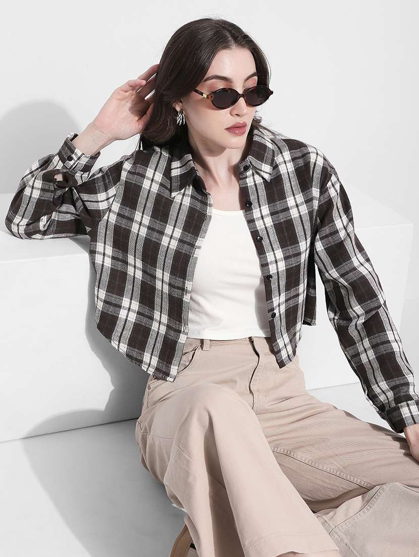 women checkered collared long sleeve crop shirt - 22363277 -  Standard Image - 1