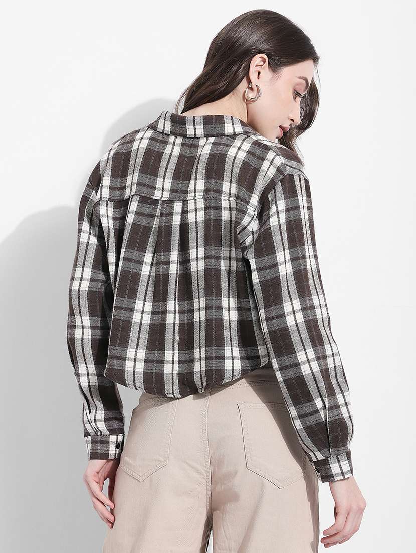women checkered collared long sleeve crop shirt - 22363277 -  Standard Image - 4