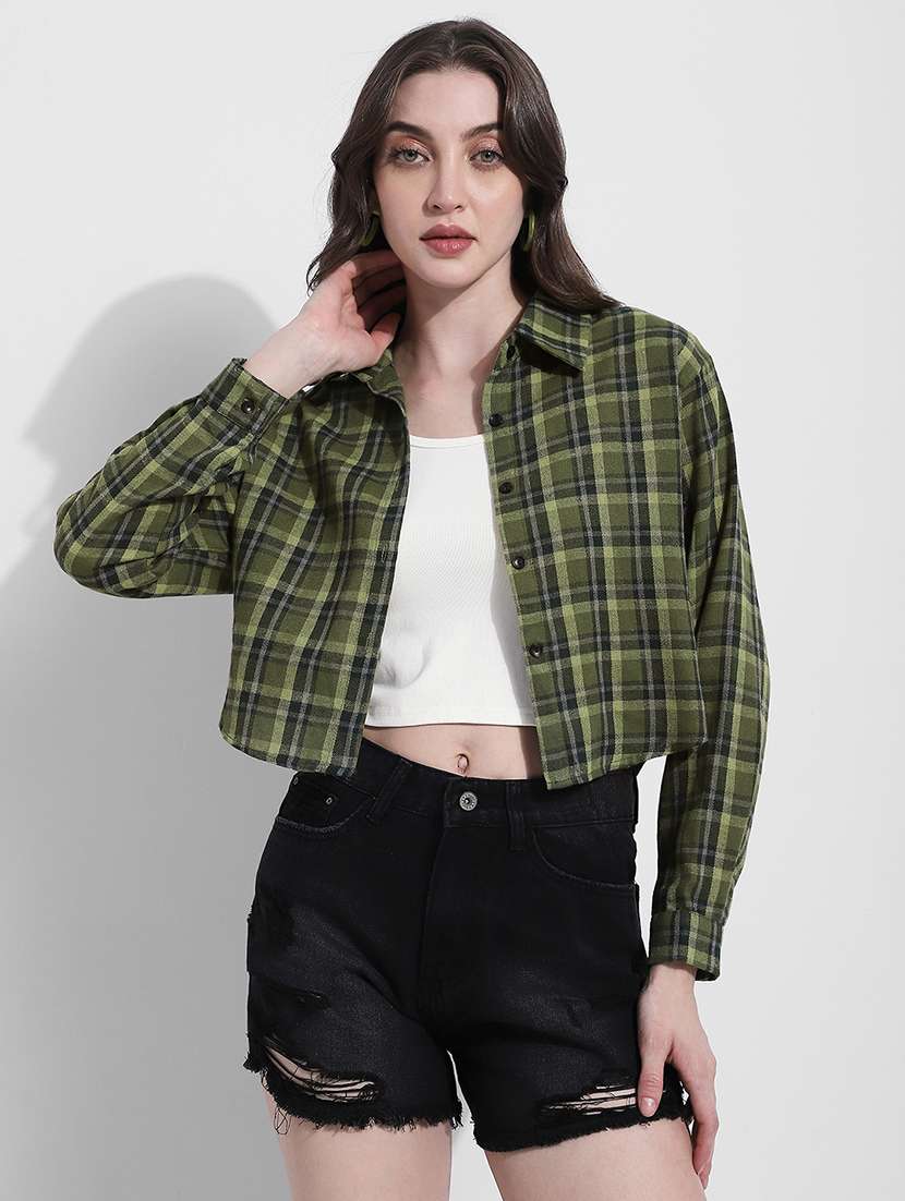 women checkered long sleeve crop shirt