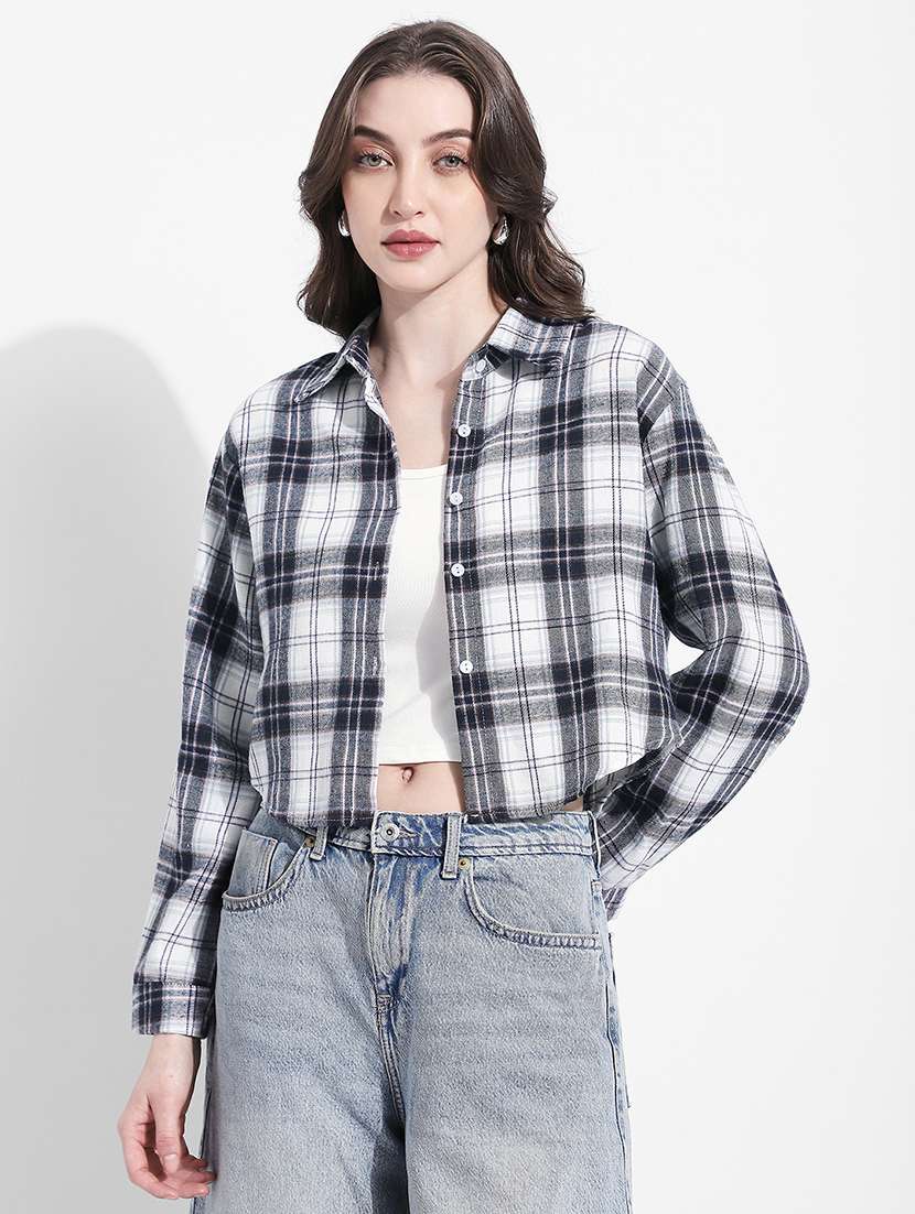 women checkered long sleeve crop shirt - 22363279 -  Standard Image - 1