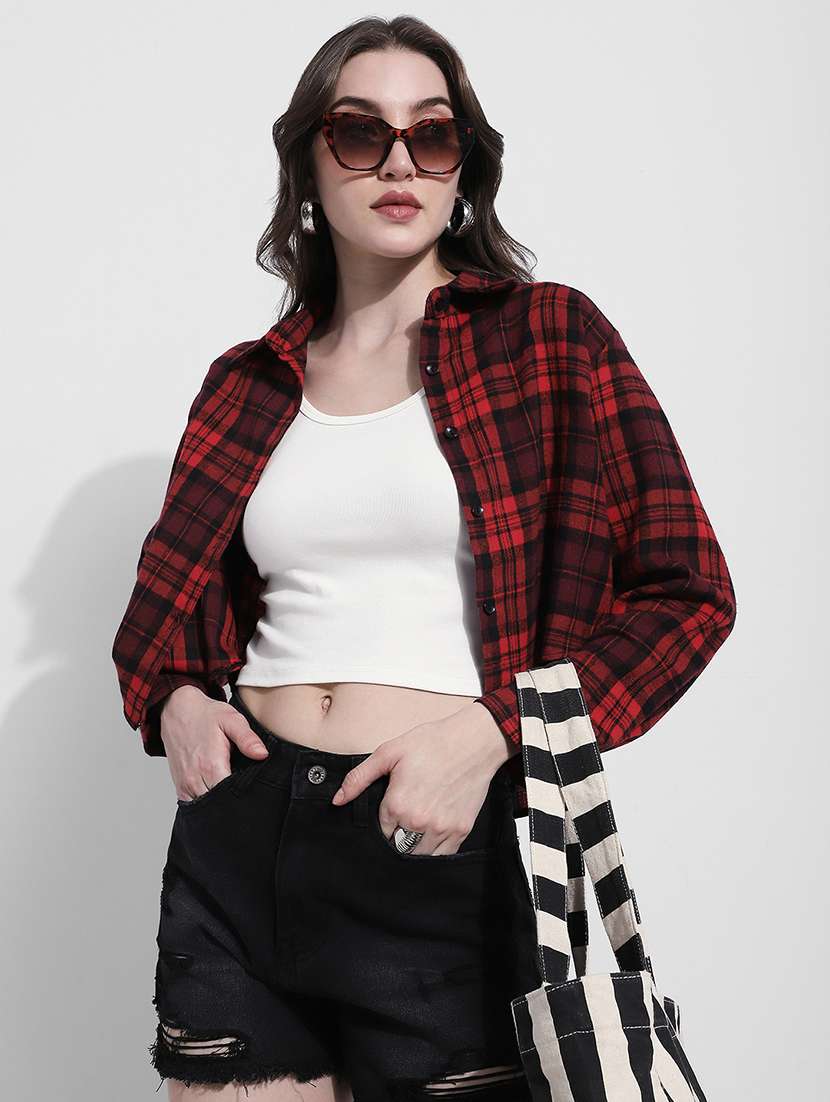 women checkered long sleeve crop shirt