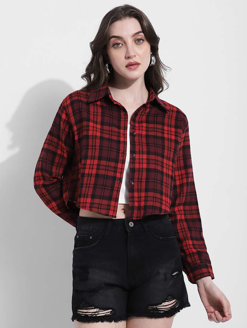 women checkered long sleeve crop shirt - 22363280 -  Standard Image - 1