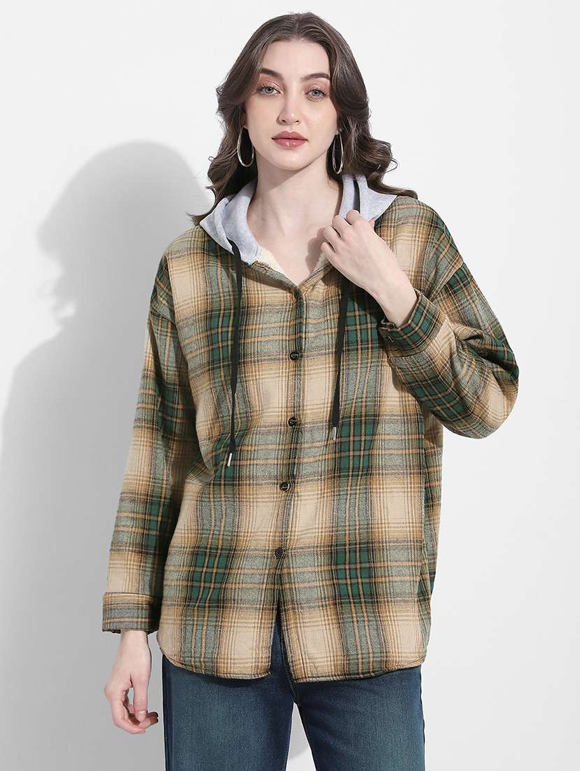 women checkered long sleeve hooded shirt - 22363281 -  Standard Image - 1