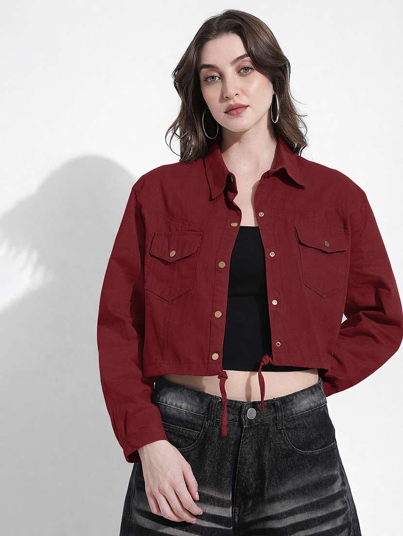 women solid long sleeve crop denim jacket