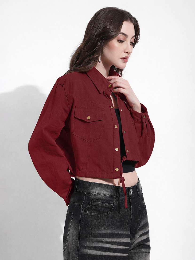 women solid long sleeve crop denim jacket - 22363302 -  Standard Image - 1