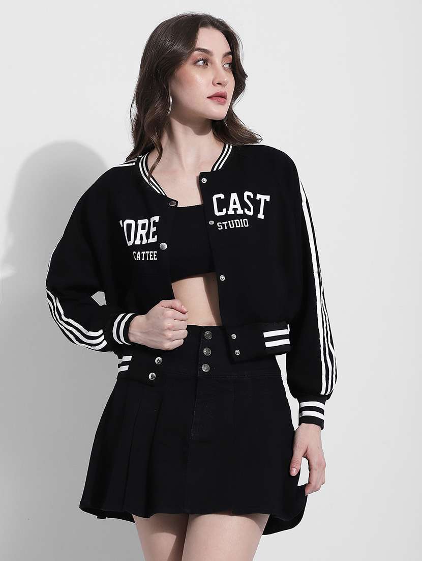 women printed long sleeve crop varsity jacket  - 22363306 -  Standard Image - 1