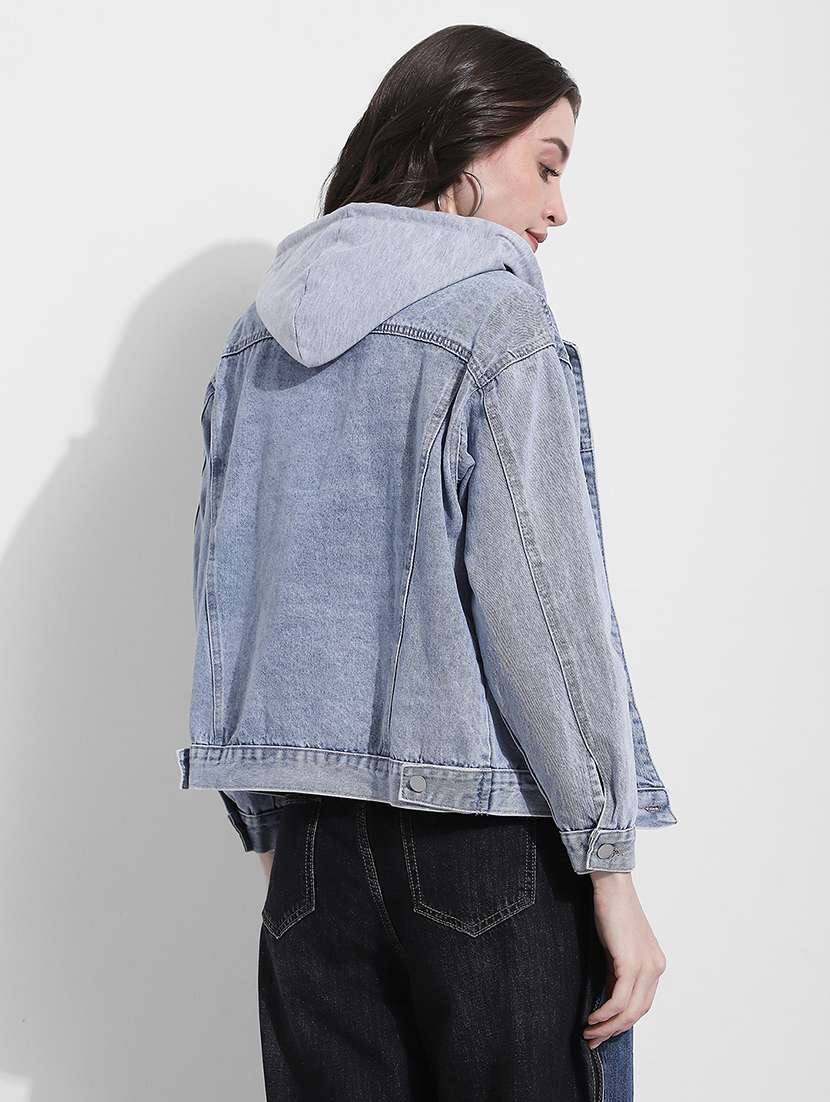 women solid long sleeve hooded denim jacket - 22363308 -  Standard Image - 4