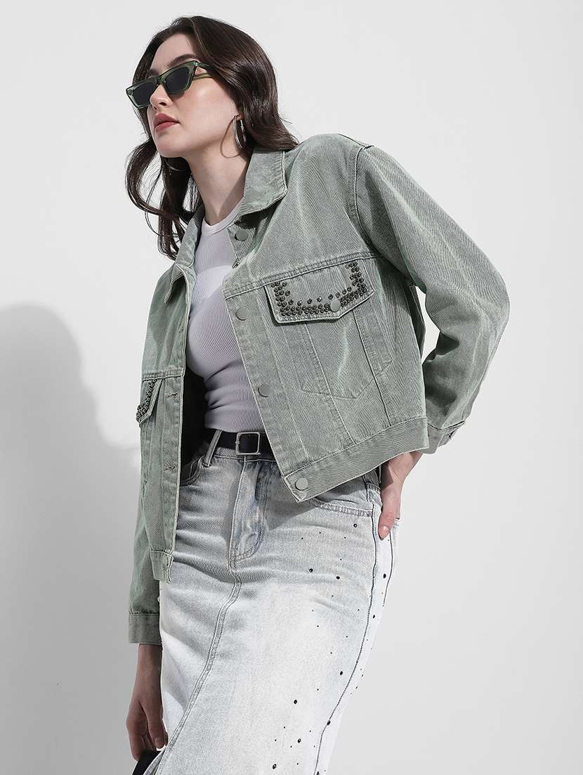 women solid long sleeve denim jacket