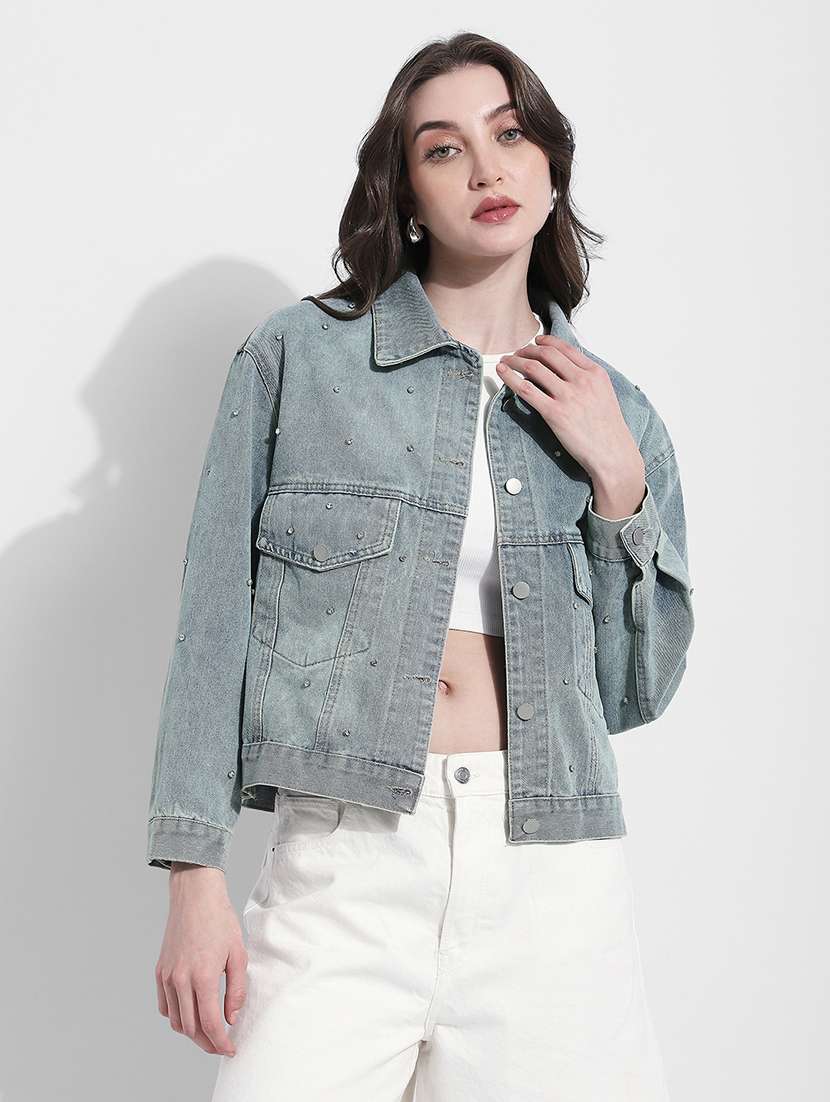 women solid long sleeve denim jacket - 22363310 -  Standard Image - 1