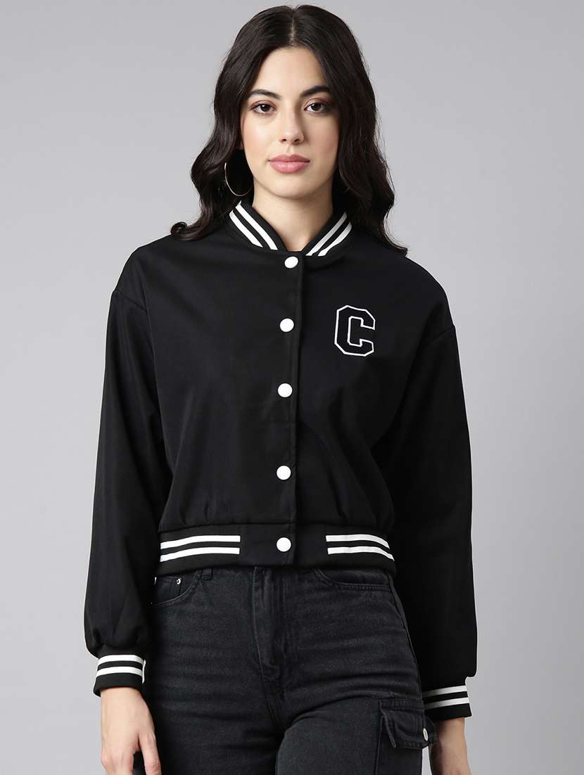 women solid long sleeve crop varsity jacket - 22363313 -  Standard Image - 1