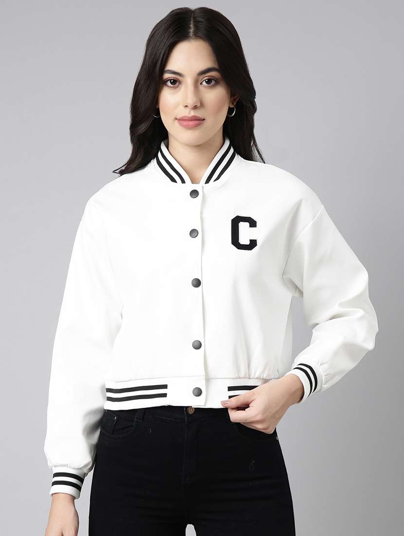 women solid long sleeve crop varsity jacket - 22363314 -  Standard Image - 1