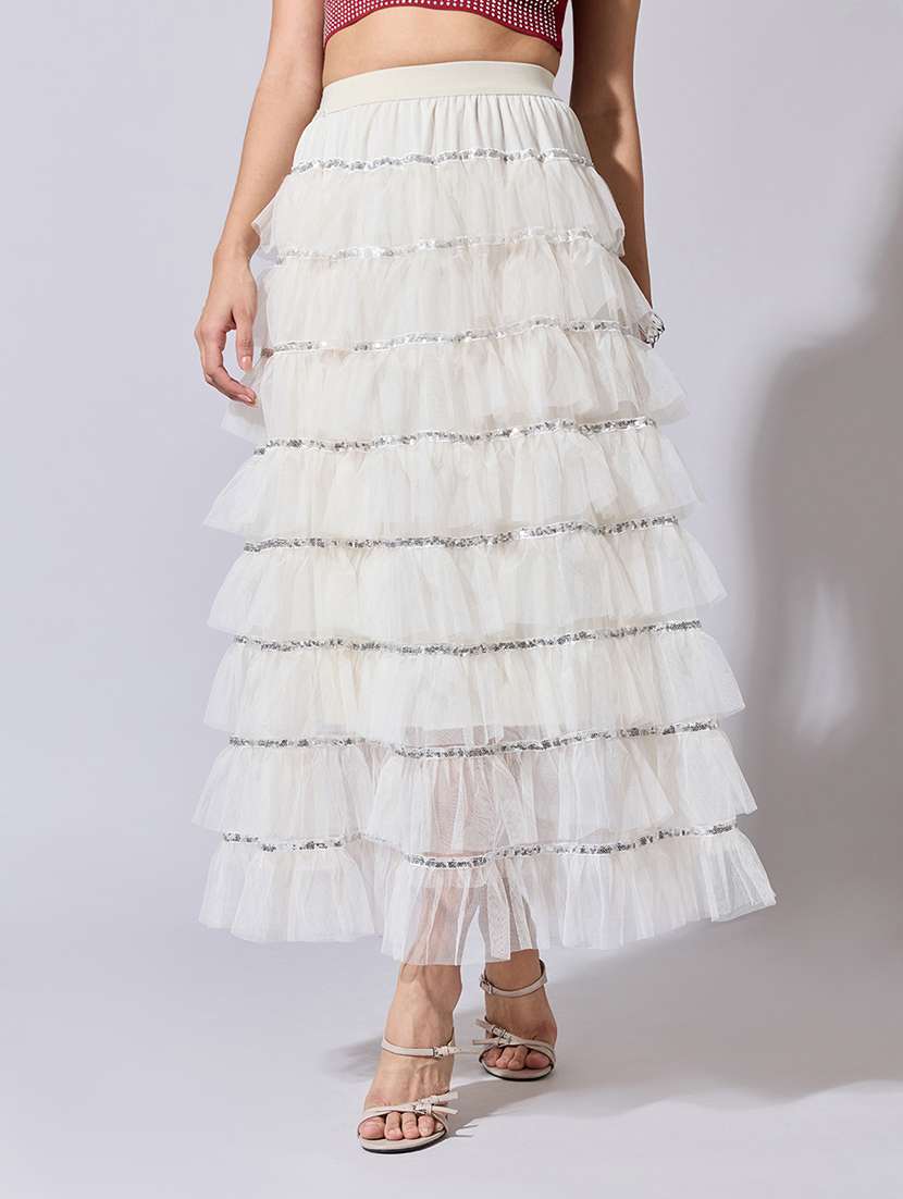 women solid mid rise ruffle skirt