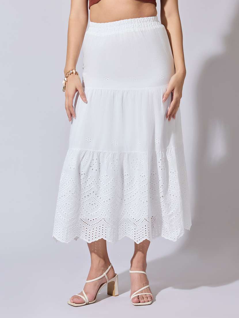 women solid high rise schiffli tiered skirt
